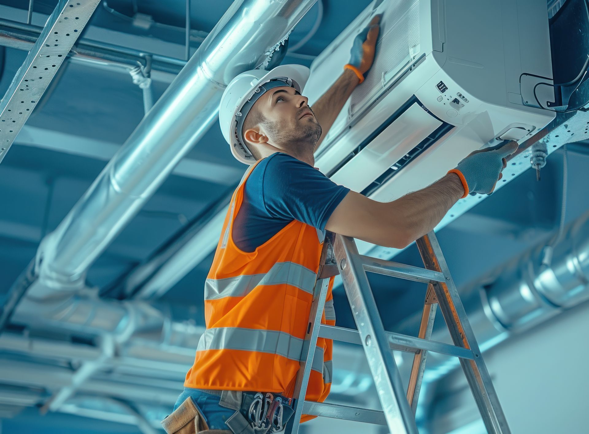 Un hombre está parado en una escalera arreglando un aire acondicionado.
