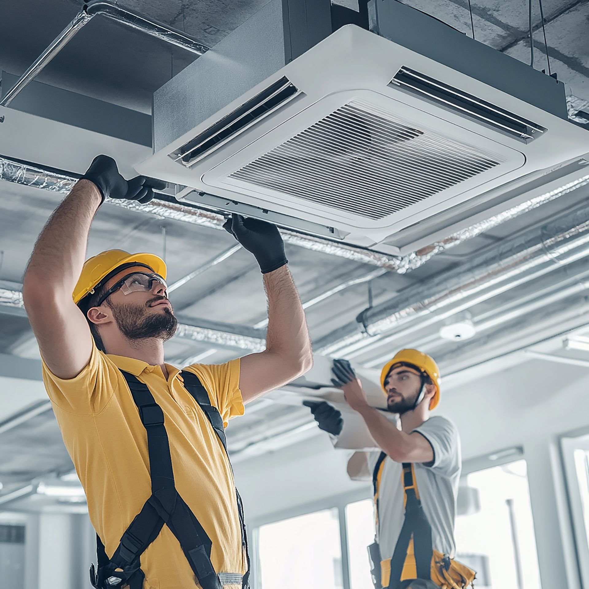 Dos hombres están trabajando en un aire acondicionado