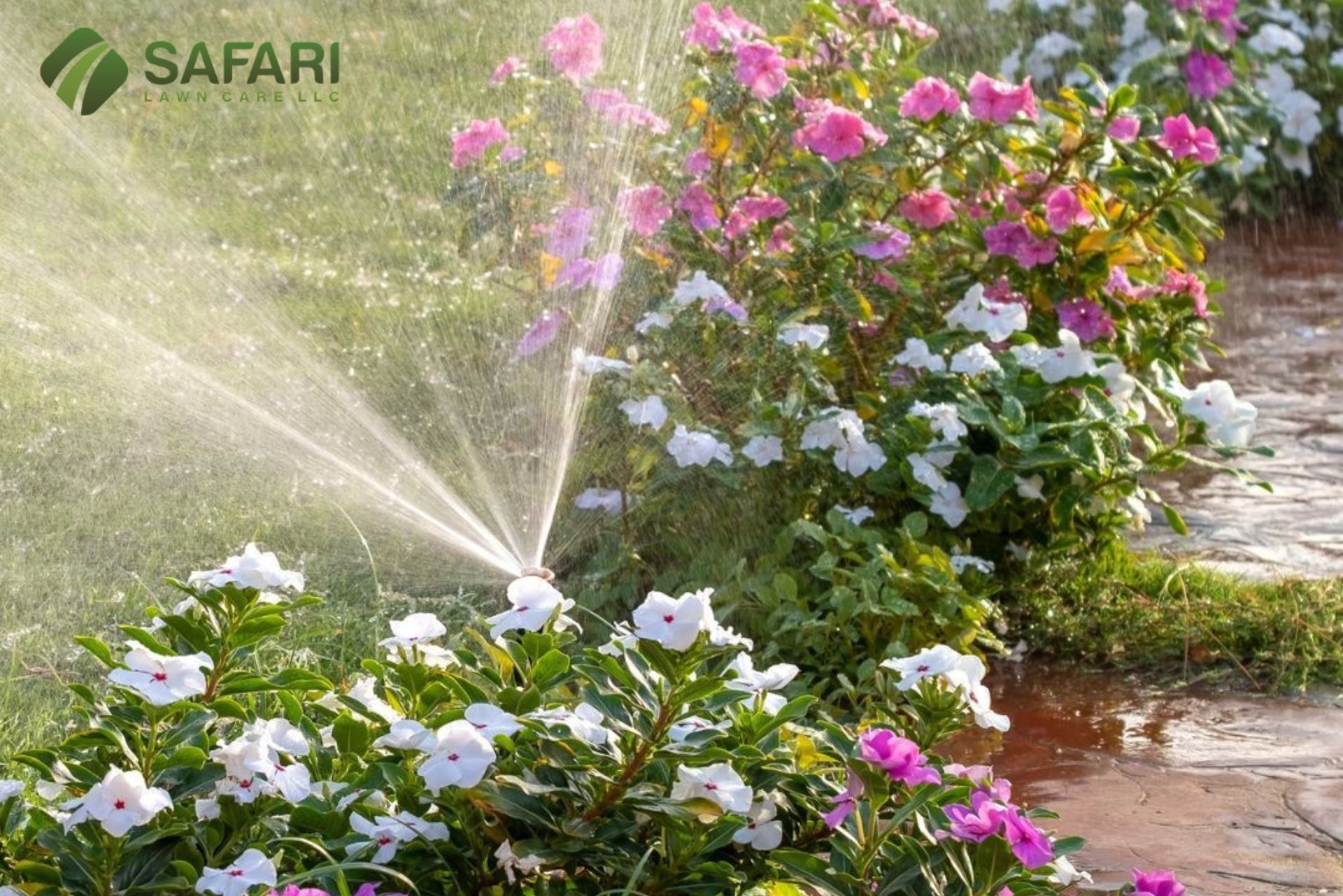 A sprinkler system waters a flower bed in Boise, ID