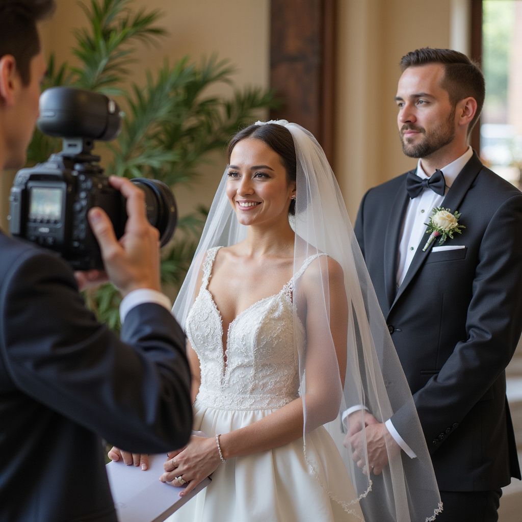 Wedding couple poses for a photo: bride in a dress with a veil smiles, groom in a tuxedo, photographer takes photo indoors.