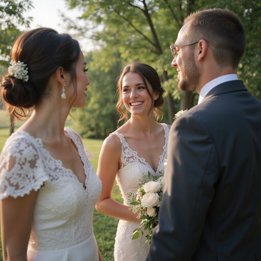 Three people, two in white wedding dresses, and one in a suit, conversing outdoors. Sunny day.
