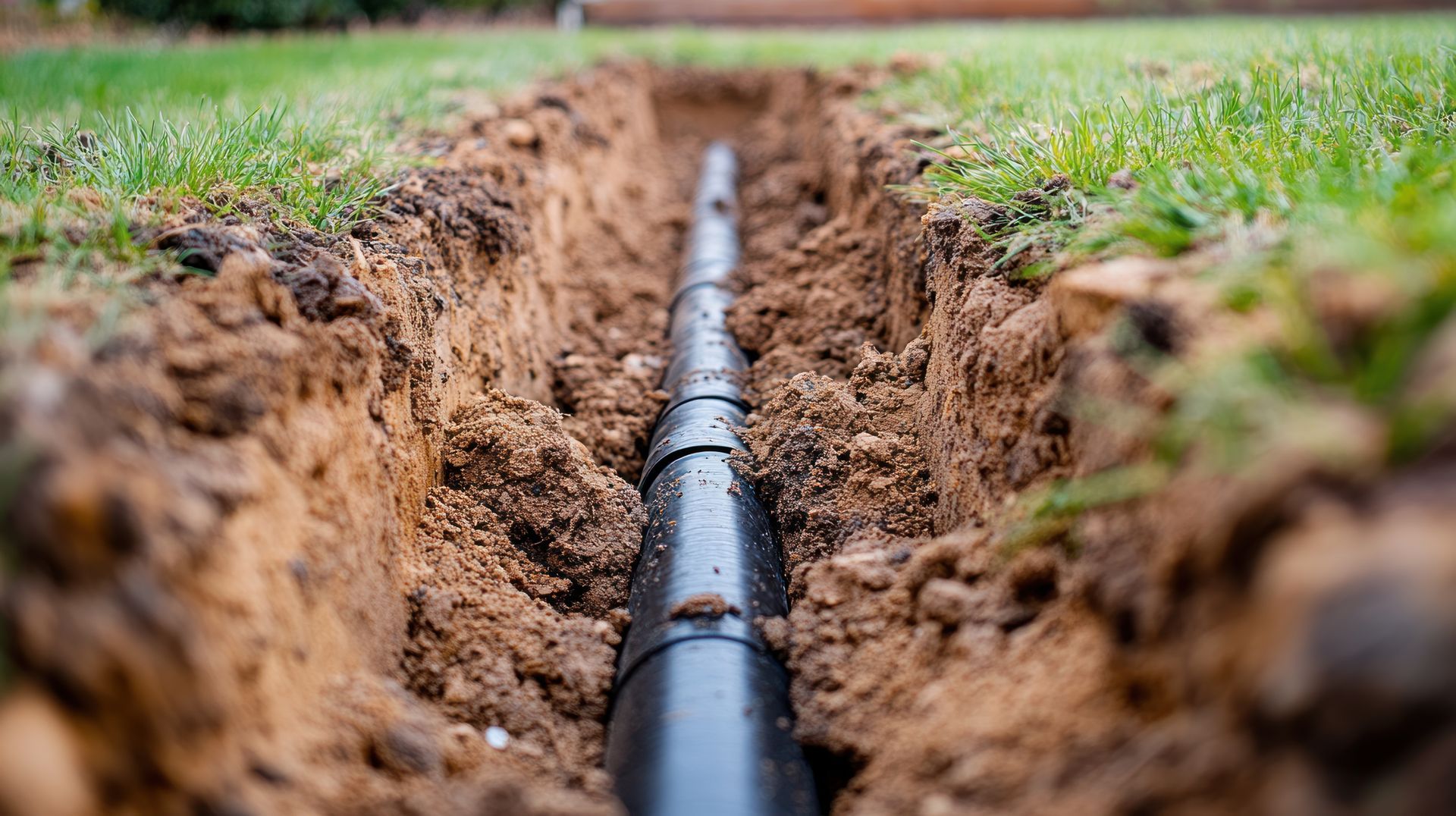 A pipe is being installed in the dirt in front of a house under construction.
