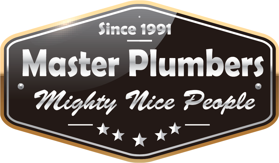 a black and white logo for master plumbers mighty nice people .