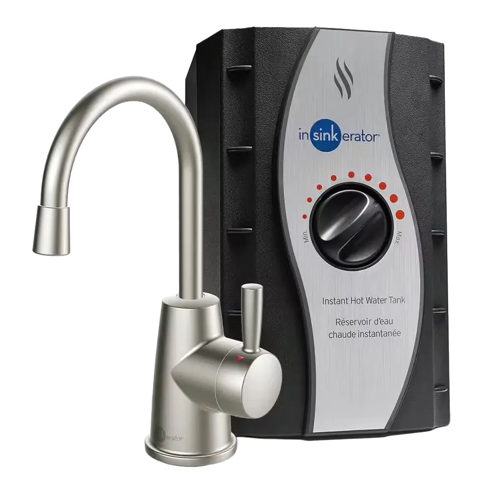 Brushed nickel hot water faucet with a black tank, and temperature control dial.