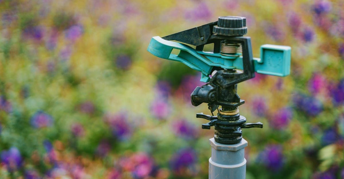 A close up of a sprinkler in a garden with purple flowers in the background.