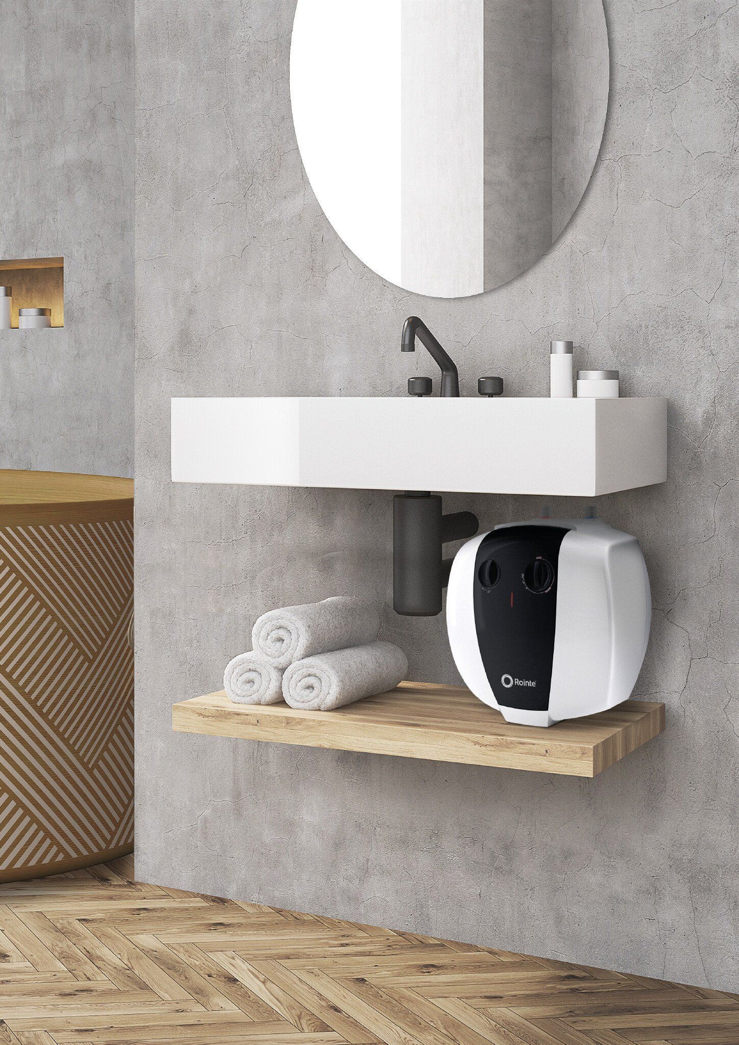 A bathroom with a sink , mirror and towels on a shelf.