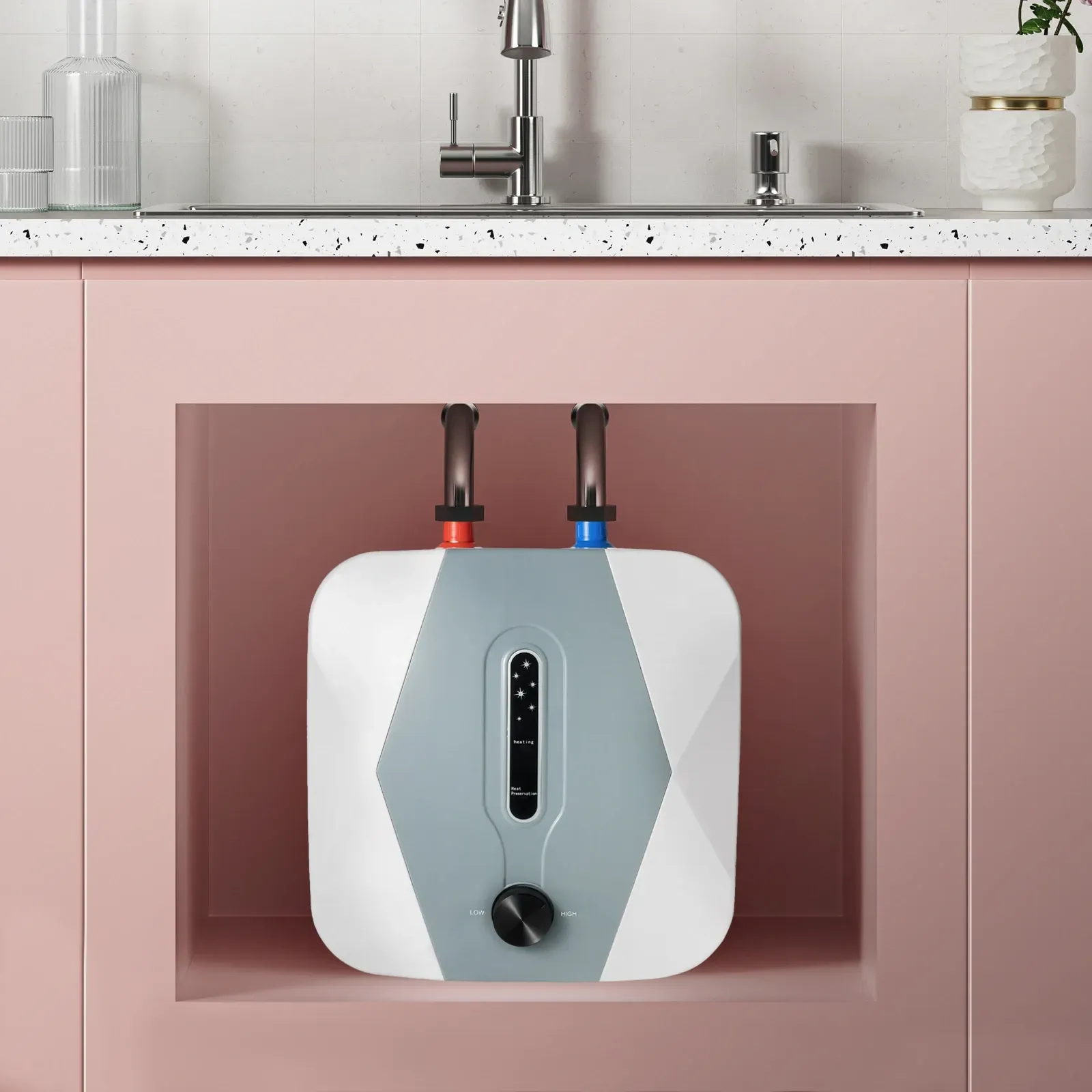 A water heater is sitting under a sink in a kitchen.