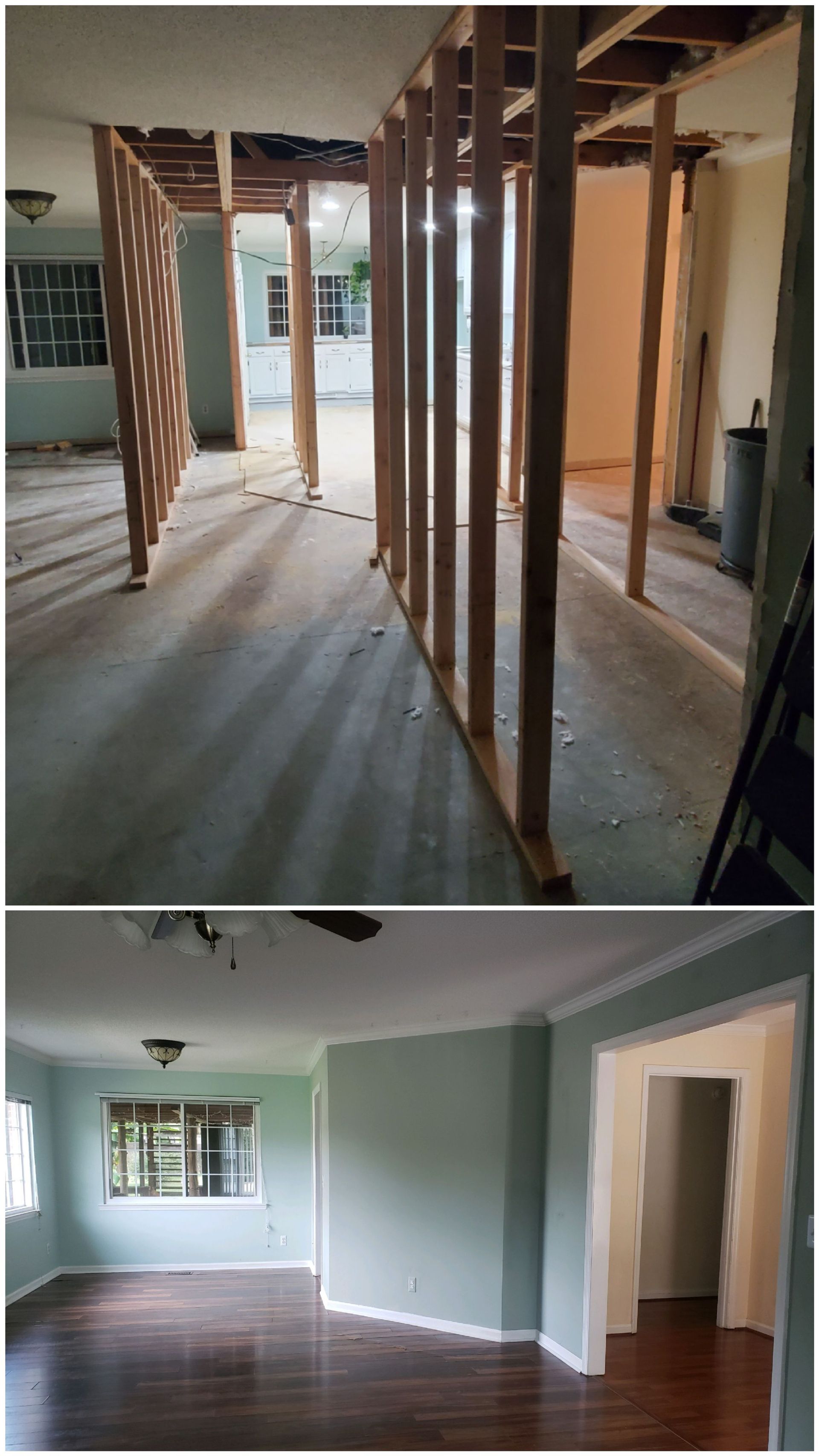 A split-view showing a room under construction with exposed wooden framing and the finished, painted room with hardwood.