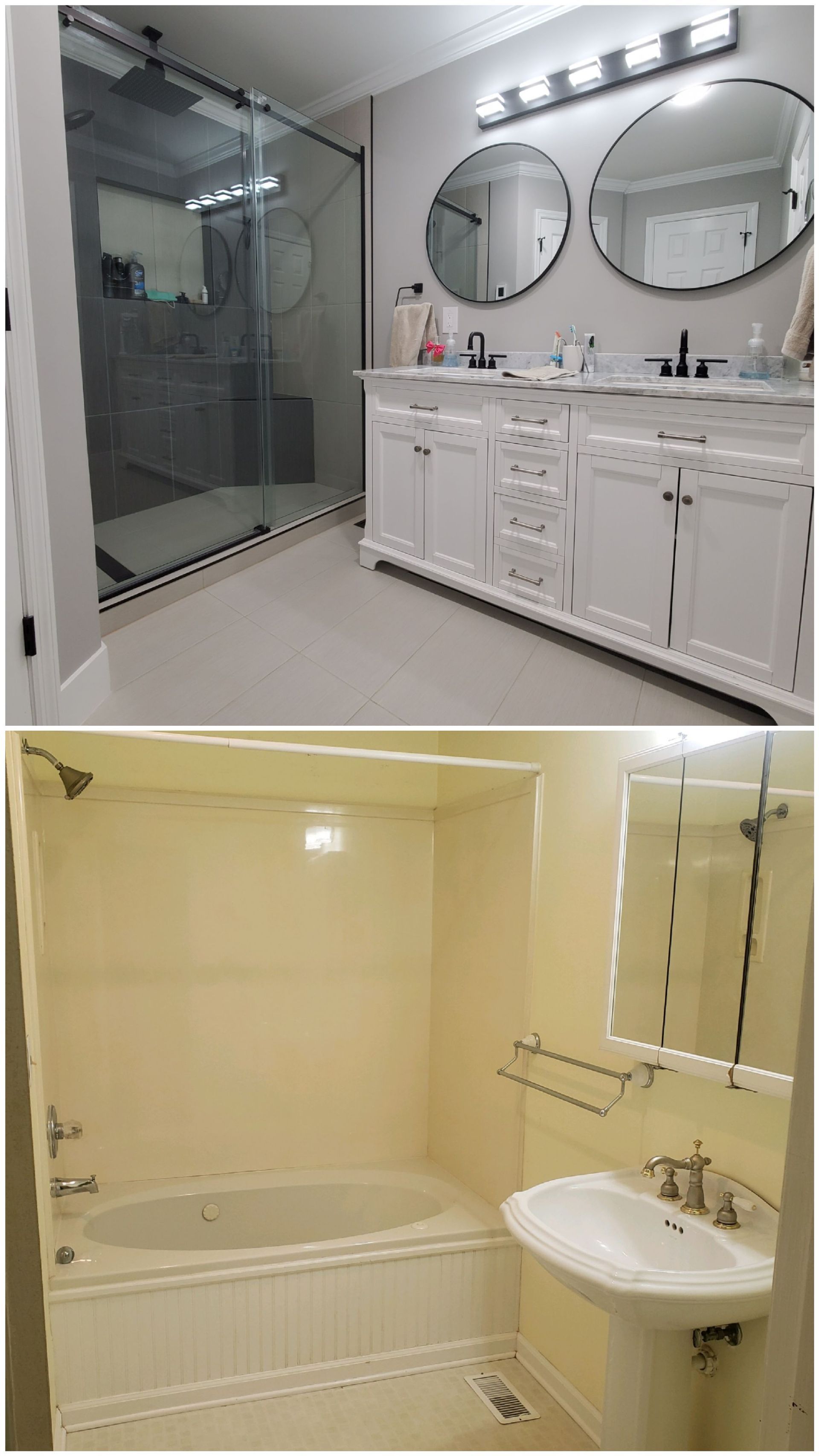 Before-and-after photos of a bathroom renovation featuring a modern double vanity and walk-in shower replacing a tub setup.