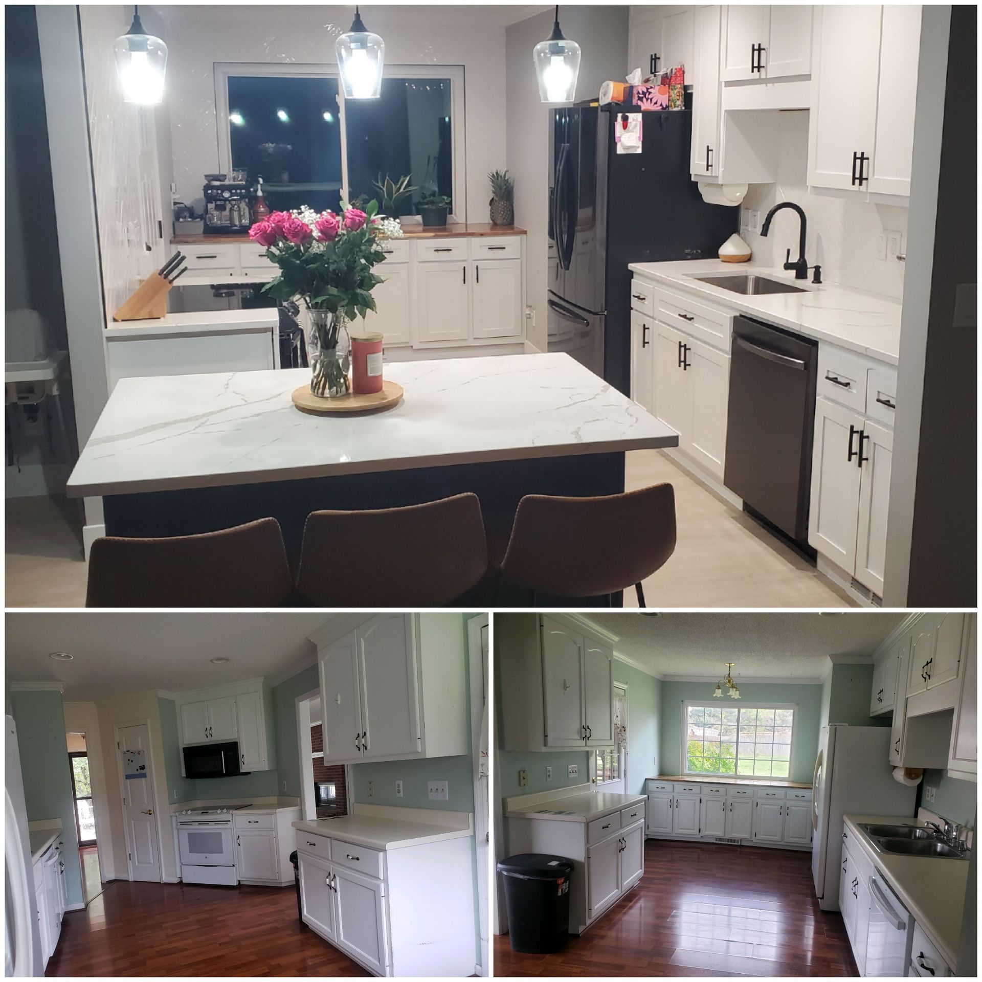 A split-view showing a kitchen remodel with white cabinets, a marble-topped island, and stainless appliances.