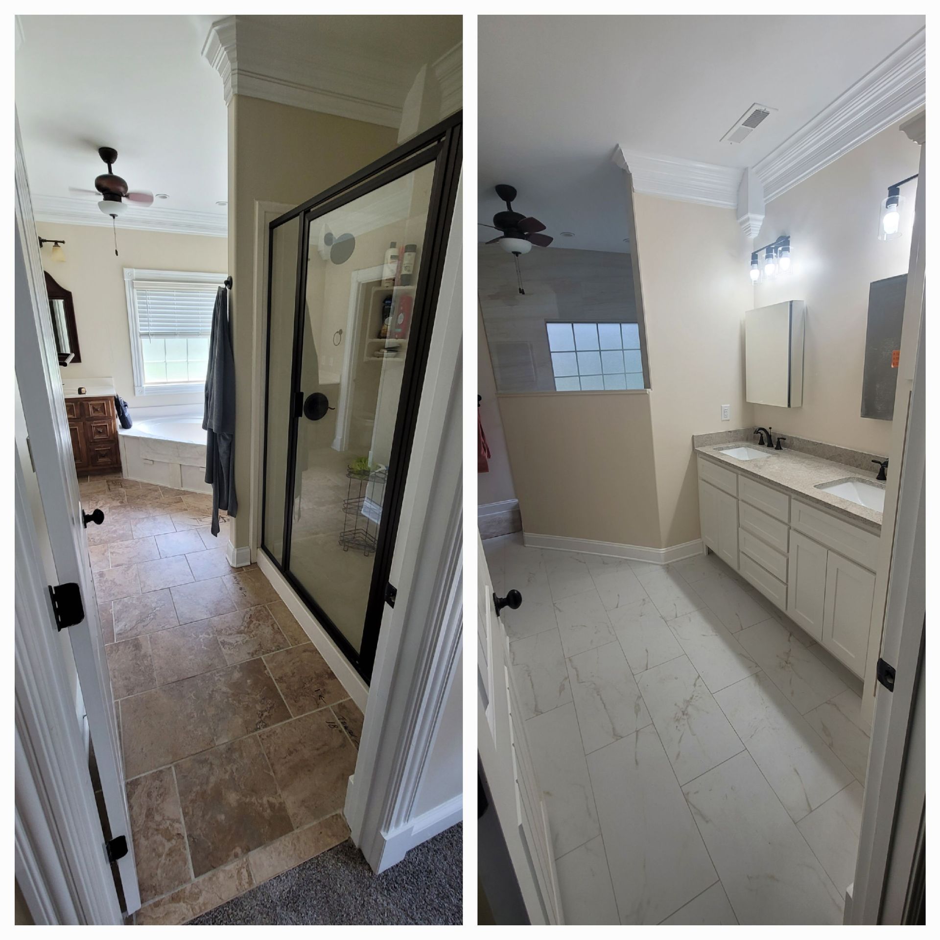 A split-screen comparison showing a bathroom renovation, featuring a change from tan floor tiles to bright white tiling.