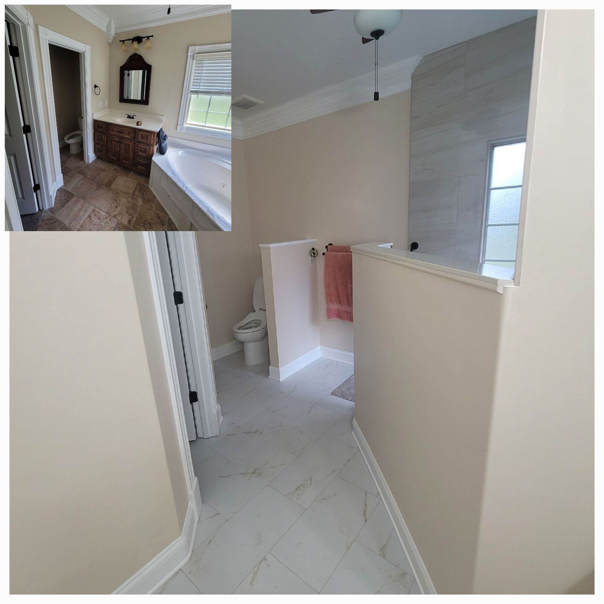 A split image showing a bathroom before and after renovation, featuring new light-colored tile floors and wall paint.