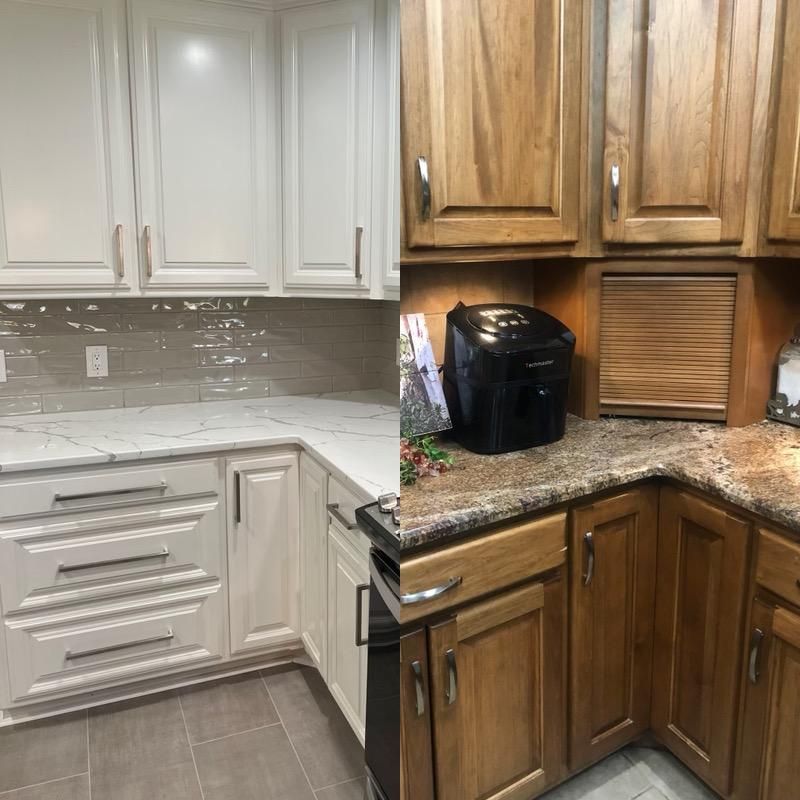 A split-screen comparison of a kitchen, showing the original dark wood cabinets on the right and renovated white ones left.
