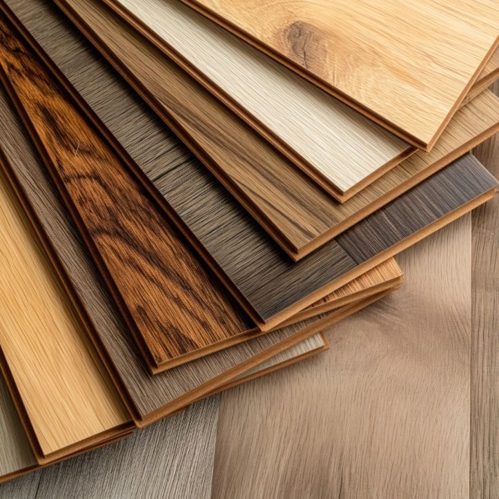 A stack of various wood flooring samples featuring different textures, grains, and colors ranging from light to dark tones.