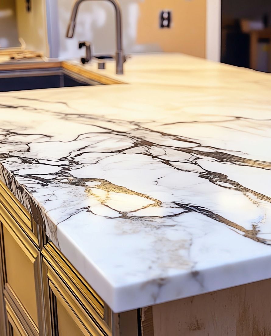 A close-up of a kitchen island countertop with white and black veined marble, set above light wood cabinets and a faucet.