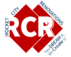 The red and white logo for Rocket City Renovations features the letters