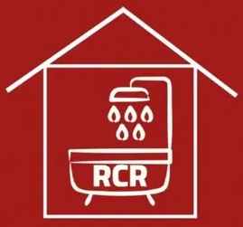 A red square logo with a white outline of a house, containing a bathtub with a showerhead and the letters RCR in white.
