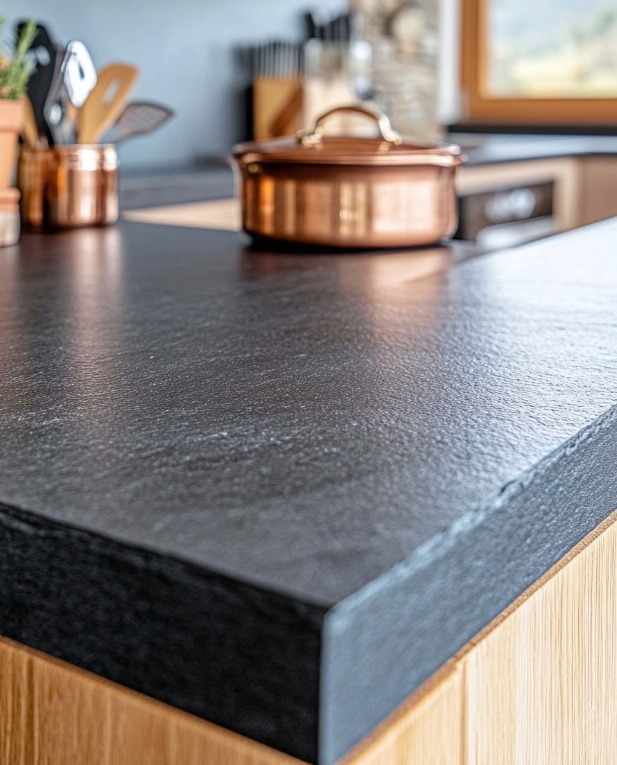A close-up view of a dark, textured stone countertop on a wooden cabinet, with a copper pot and utensils in the background.
