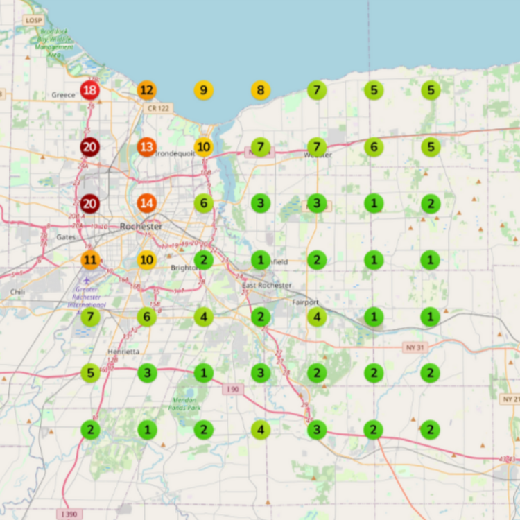 A map displaying numerical values in colored circles across a grid, likely representing data points in a geographical area.