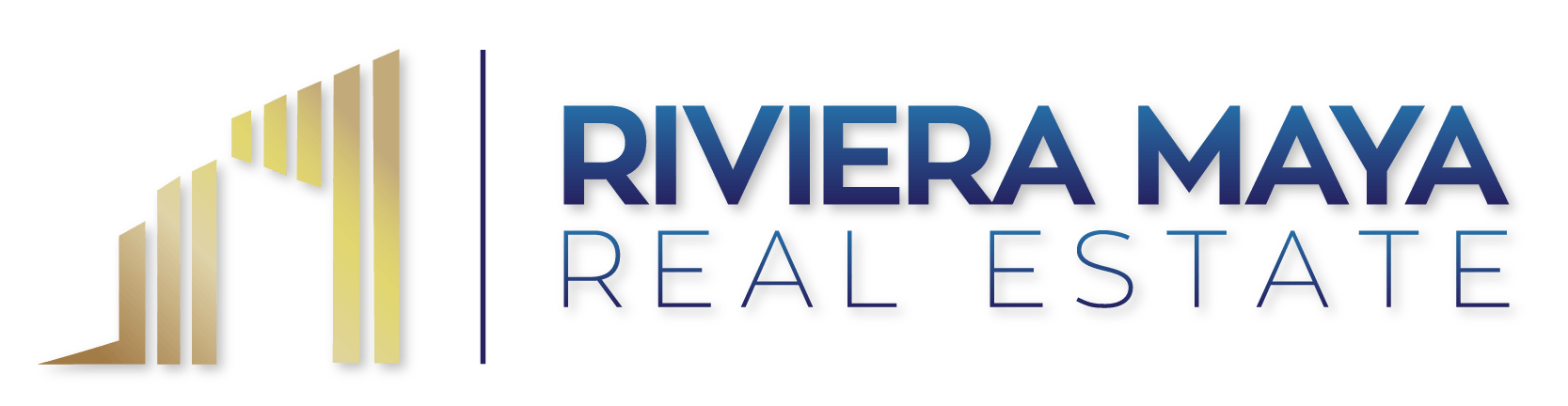 The logo for riviera maya real estate is blue and gold.