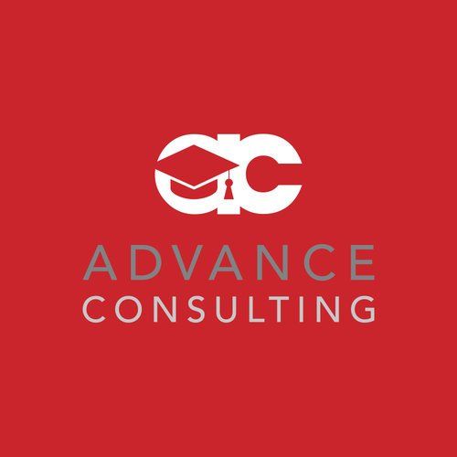 A logo for advance consulting with a graduation cap on a red background.