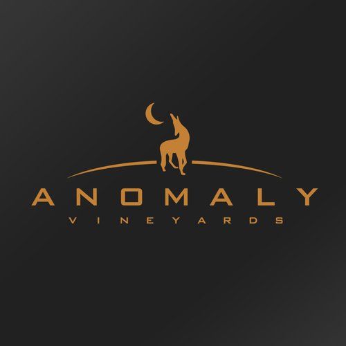 A logo for anomaly vineyards with a wolf howling at the moon
