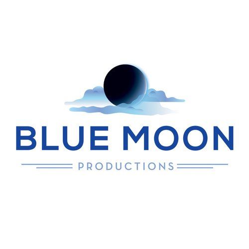 A blue moon productions logo with a crescent moon in the clouds.