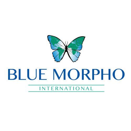 A blue morpho international logo with a butterfly on it