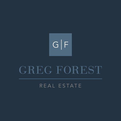 A logo for greg forest real estate on a dark blue background.
