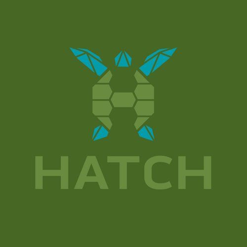 A logo with a turtle and the word hatch on a green background.