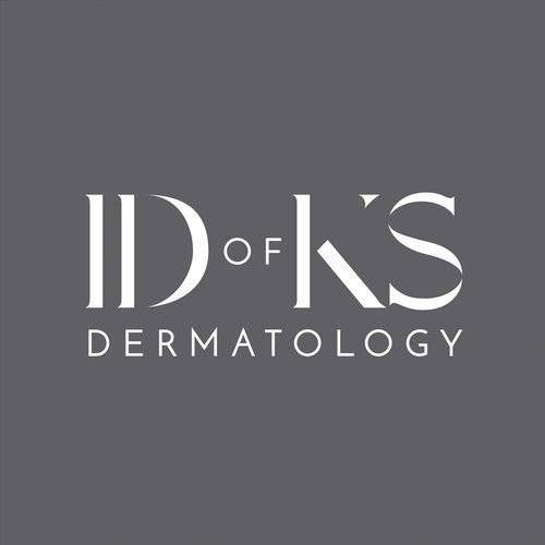 A logo for id of ks dermatology on a gray background