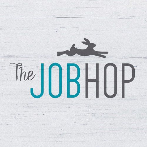 A logo for the jobhop with two rabbits on a wooden background.