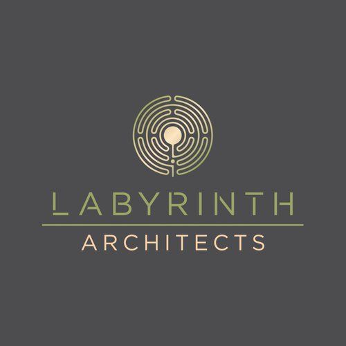A logo for labyrinth architects with a labyrinth in the center.
