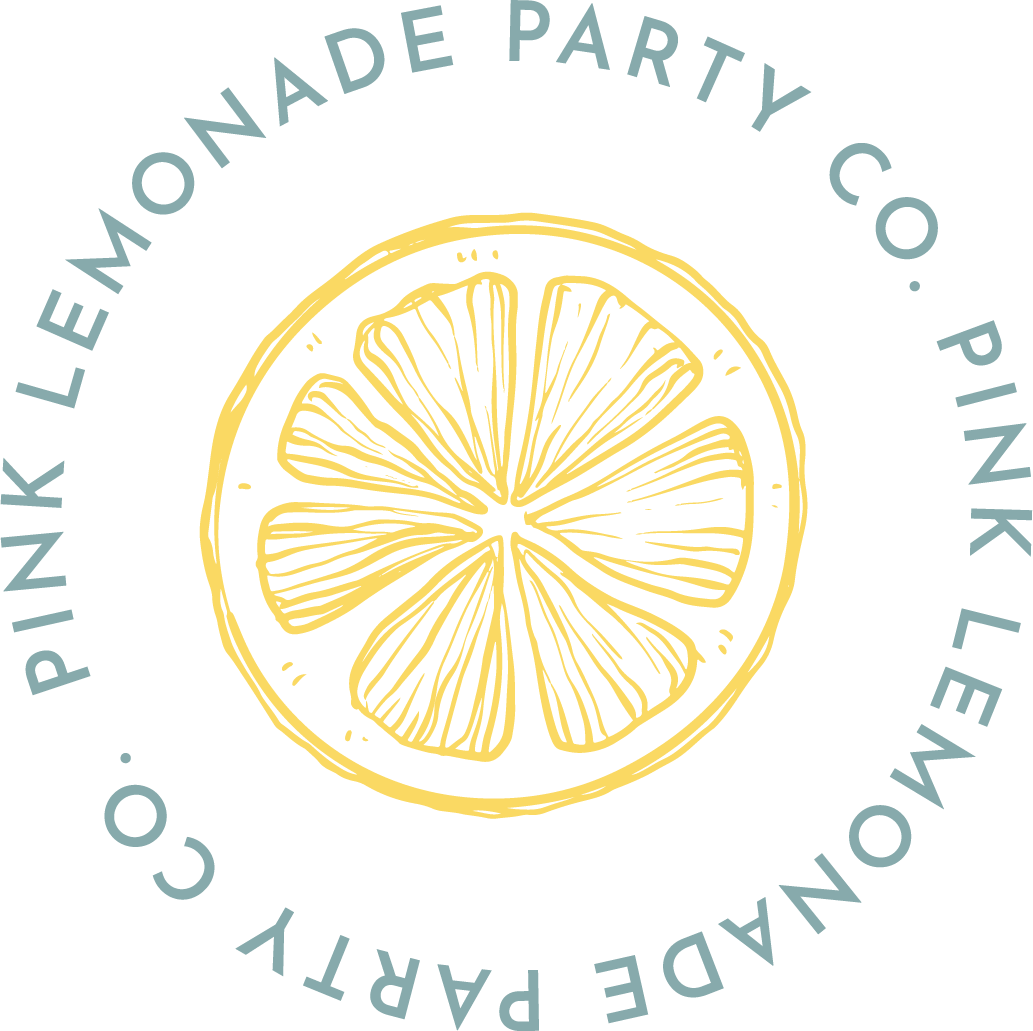 A logo for pink lemonade party co. with a slice of lemon
