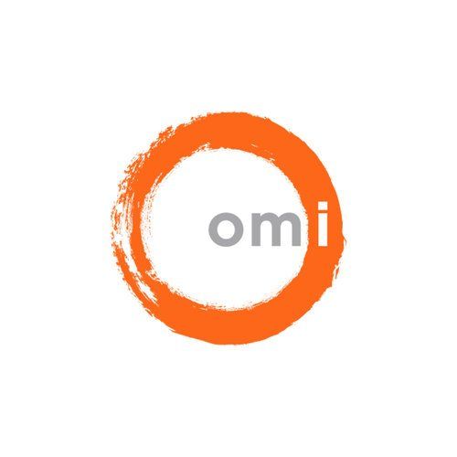 An orange circle with the word omi inside of it