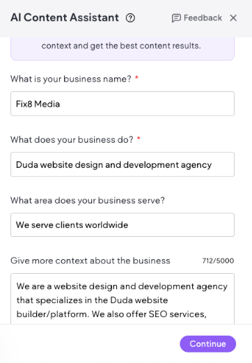AI content assistant form: business name, description, area served, and details, with a continue button.