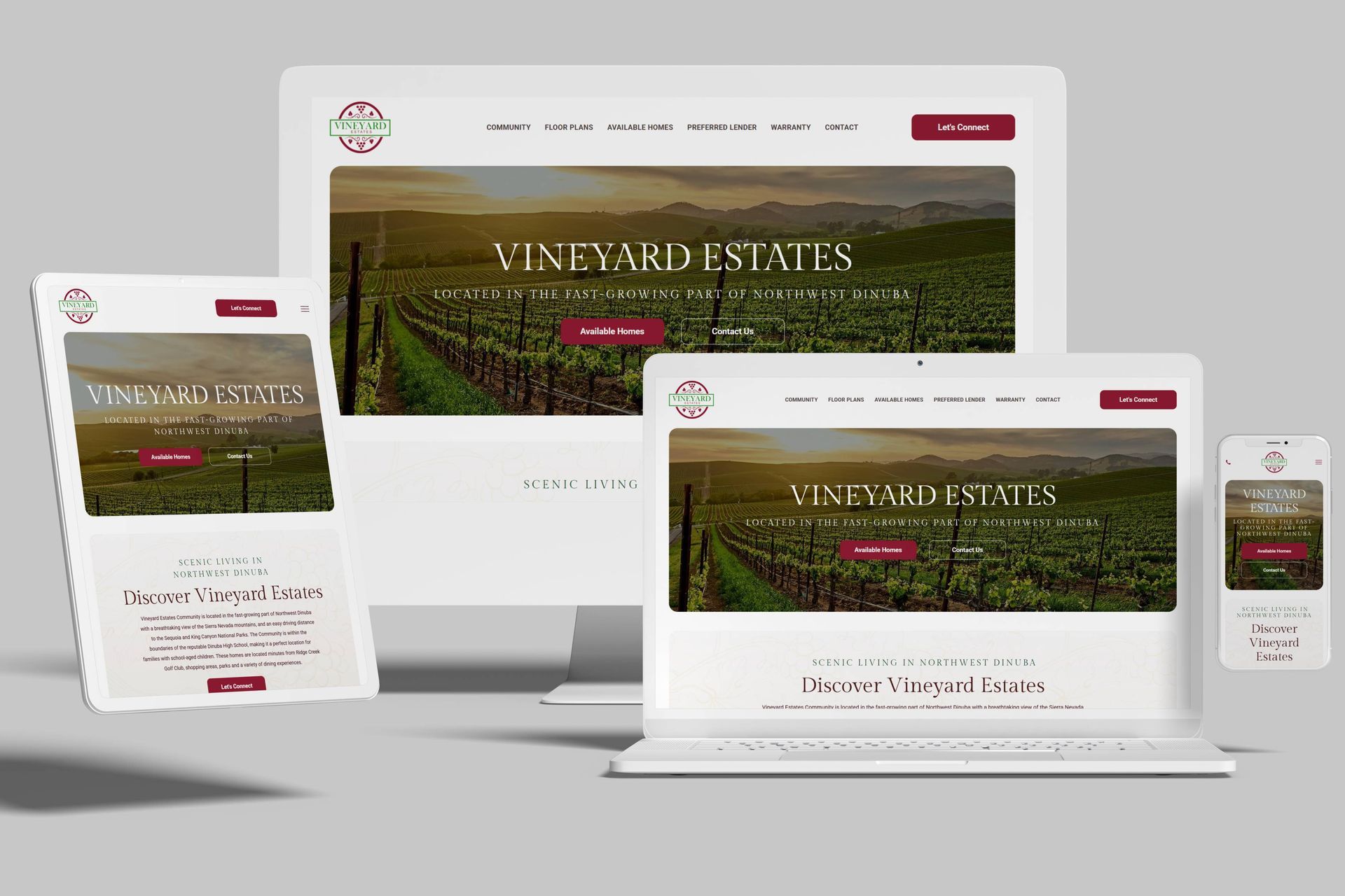 Responsive vineyard estate website displayed on desktop, laptop, tablet, and phone screens