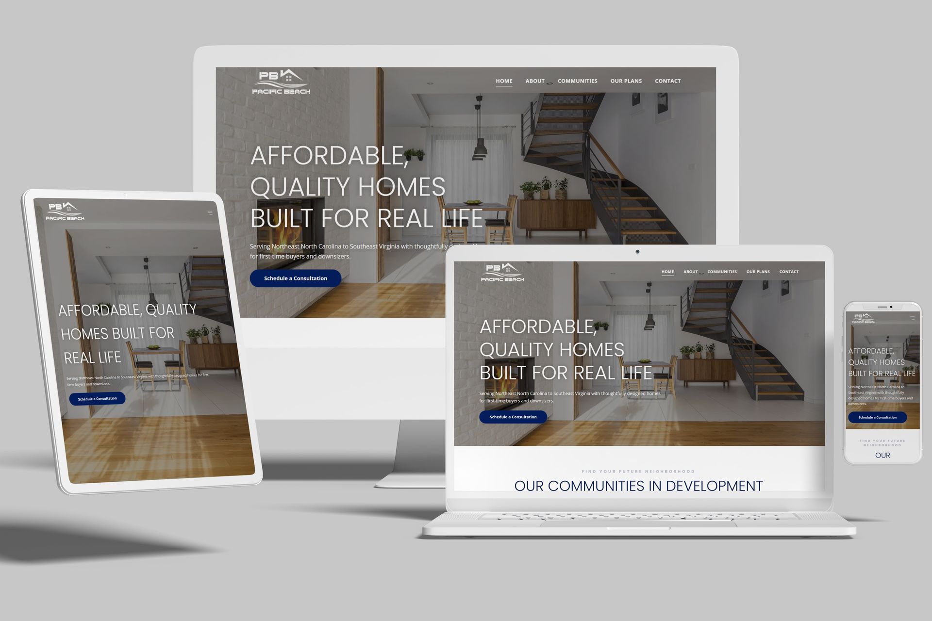 Responsive website mockup displayed on desktop, laptop, tablet, and phone screens