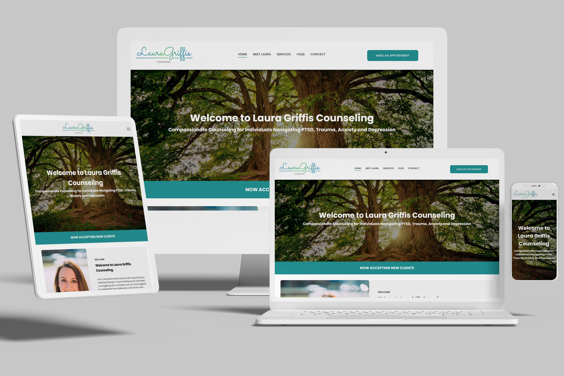 Website mockup displayed on multiple devices: desktop, laptop, tablet, and phone with a teal and green tree logo and a therapist’s photo.
