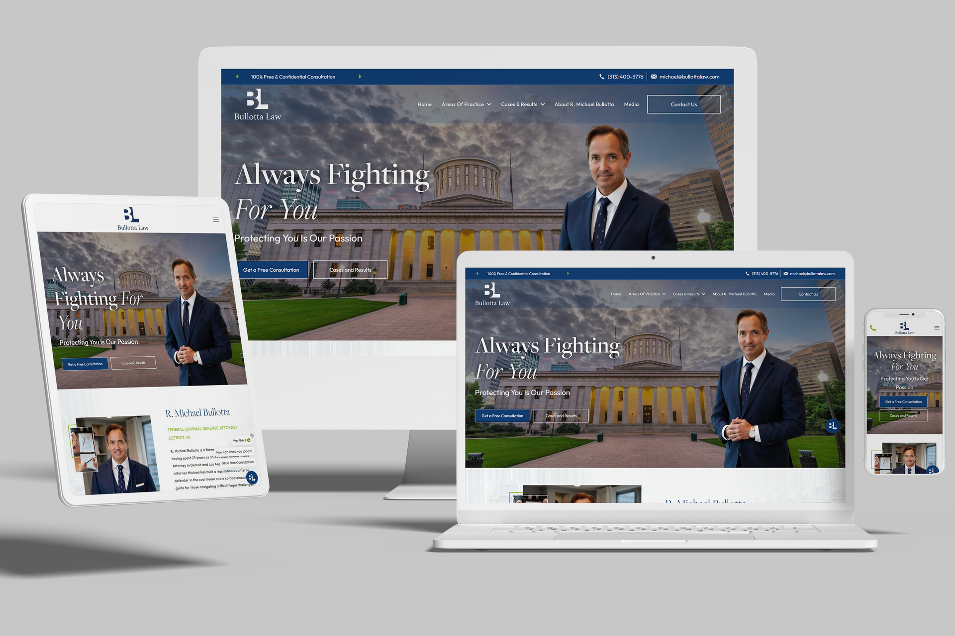 Website mockups on multiple devices: Desktop, laptop, tablet, and phone. Featuring a man in a suit in front of a building.