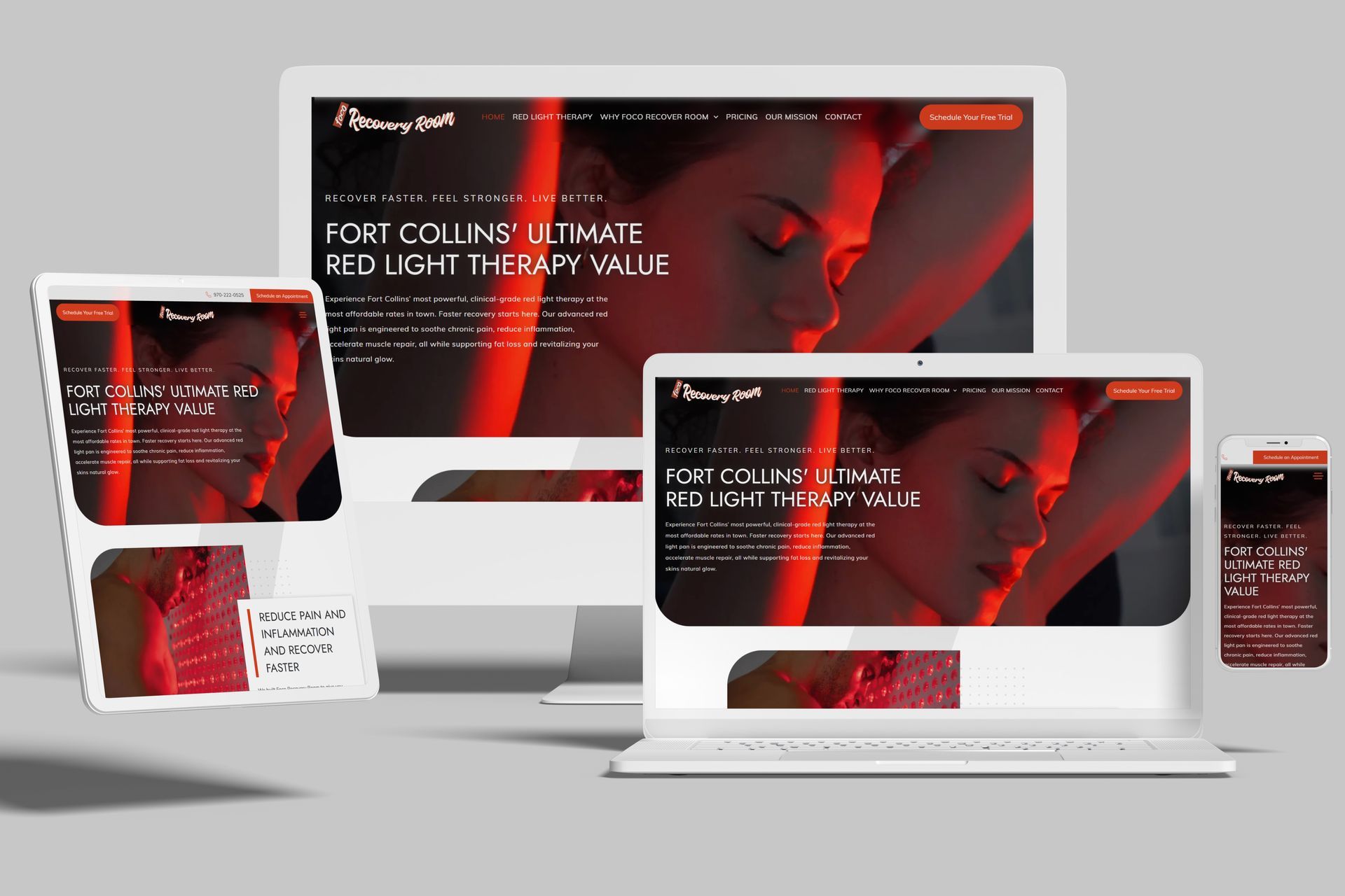 Responsive website mockup on desktop, laptop, tablet, and phone with red-and-black design