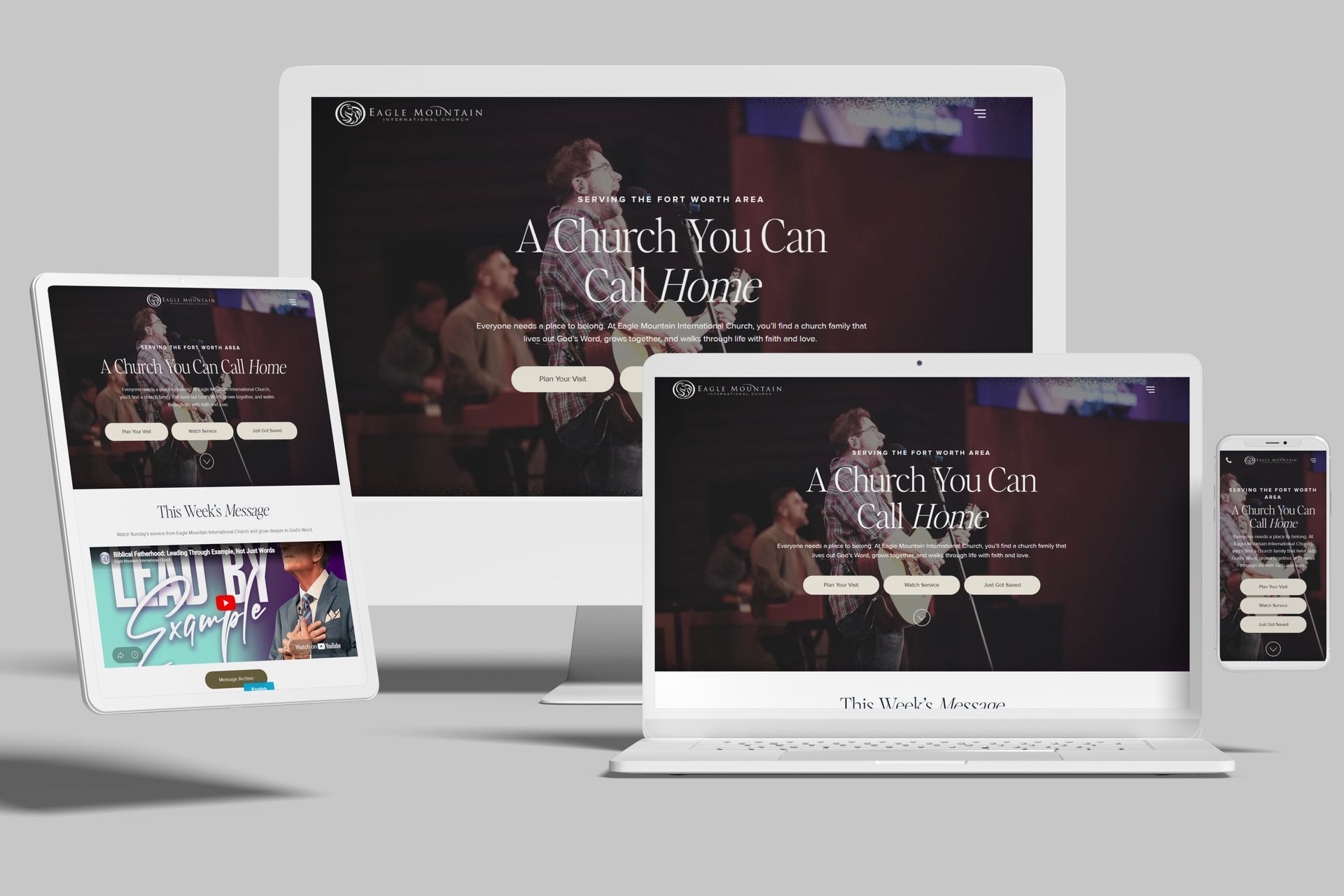 Responsive website mockup shown on desktop, laptop, tablet, and phone screens