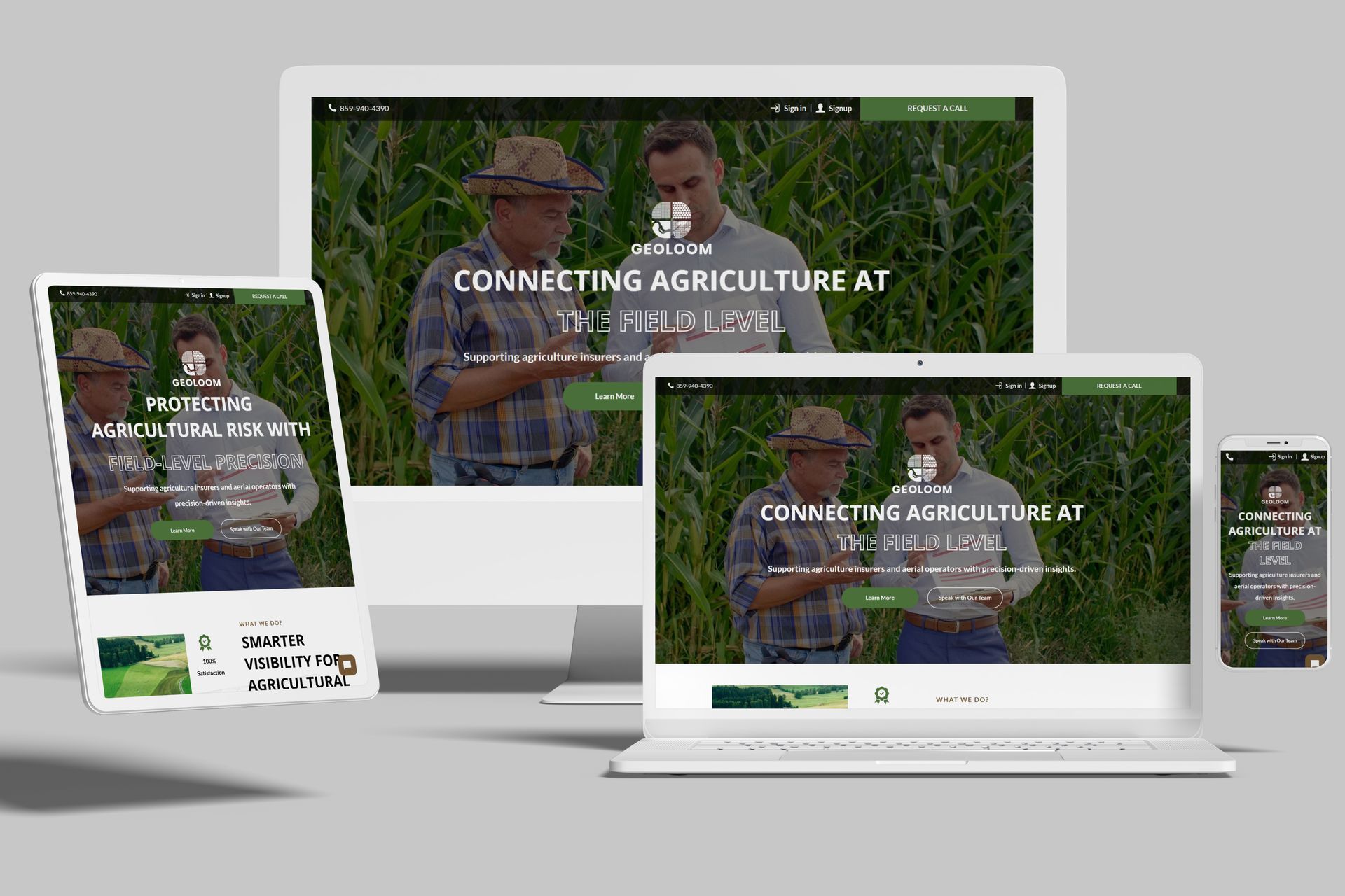 Responsive website mockup on desktop, laptop, tablet, and phone, showing farmers in a green field.