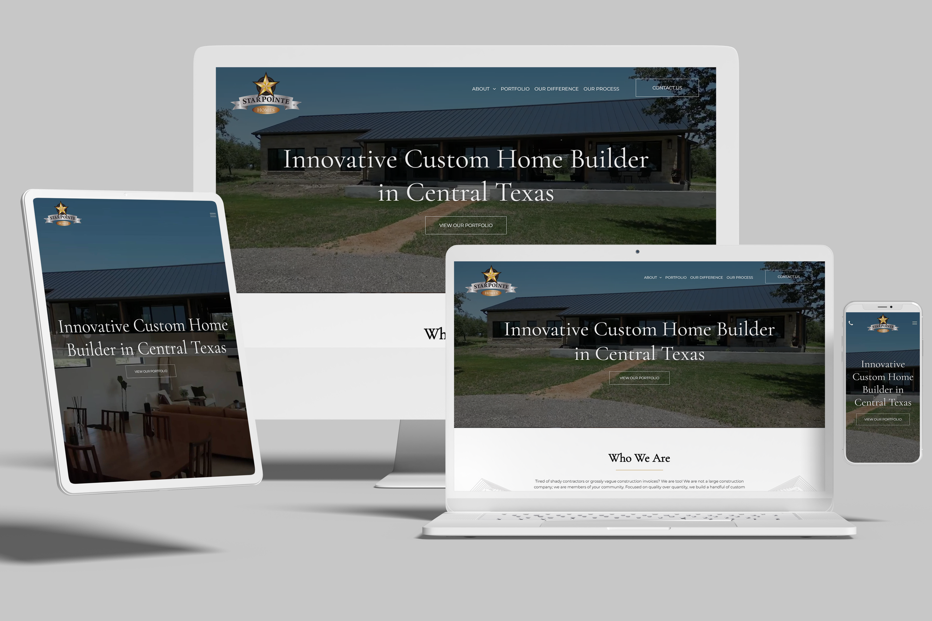 A computer , tablet , and phone are displaying a website for innovative custom home builders in central texas.