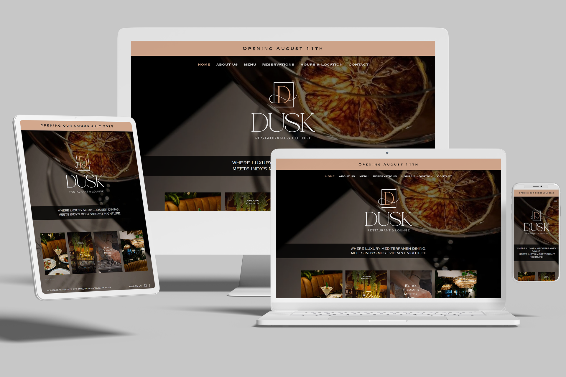 Website design mockups on various devices, featuring a dark theme with dried citrus and beverage photos.