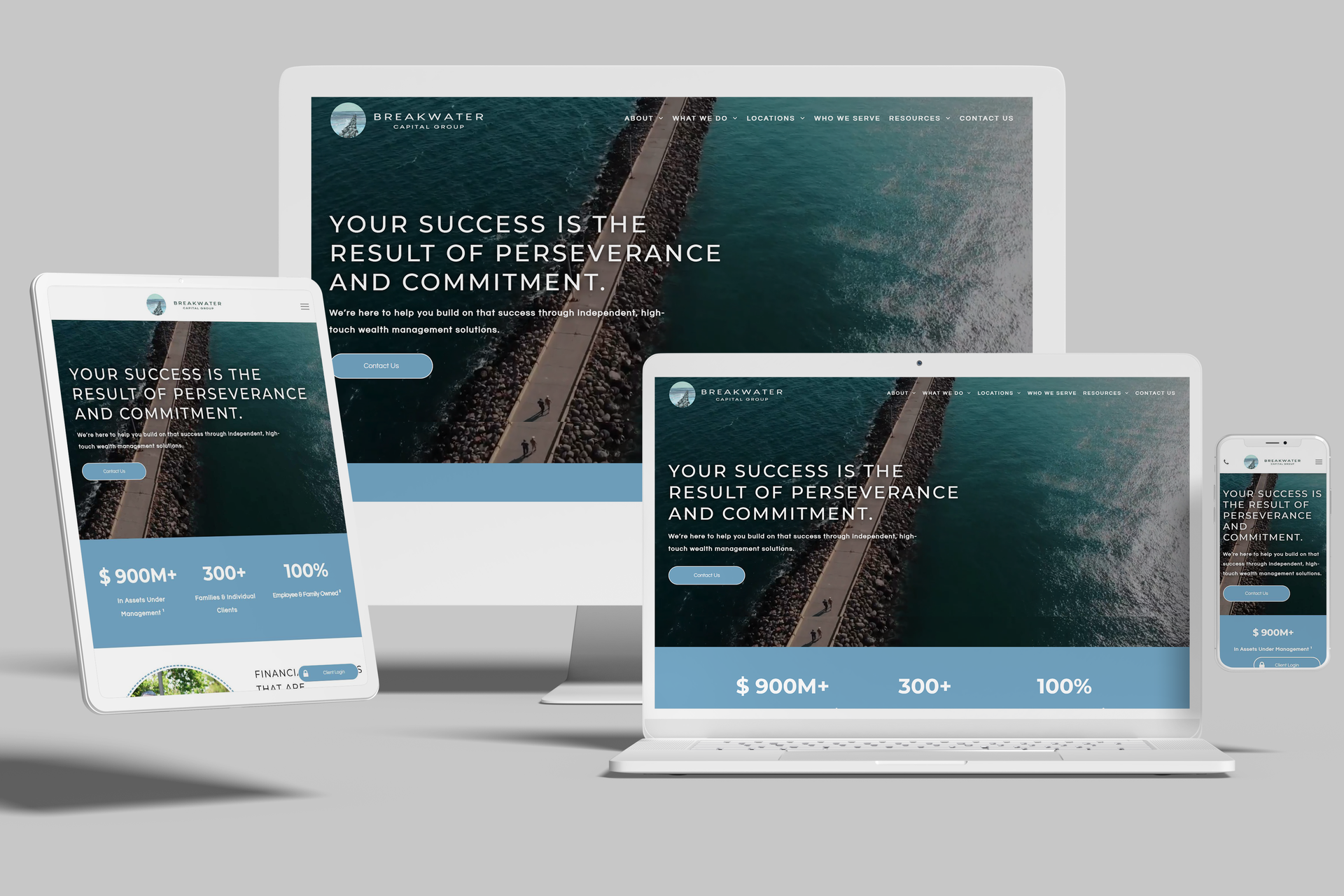 Website mockup on various devices; blue and white theme with ocean background.