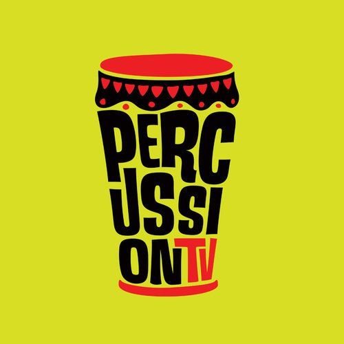 A logo for perc ussi on tv with a drum on a yellow background.