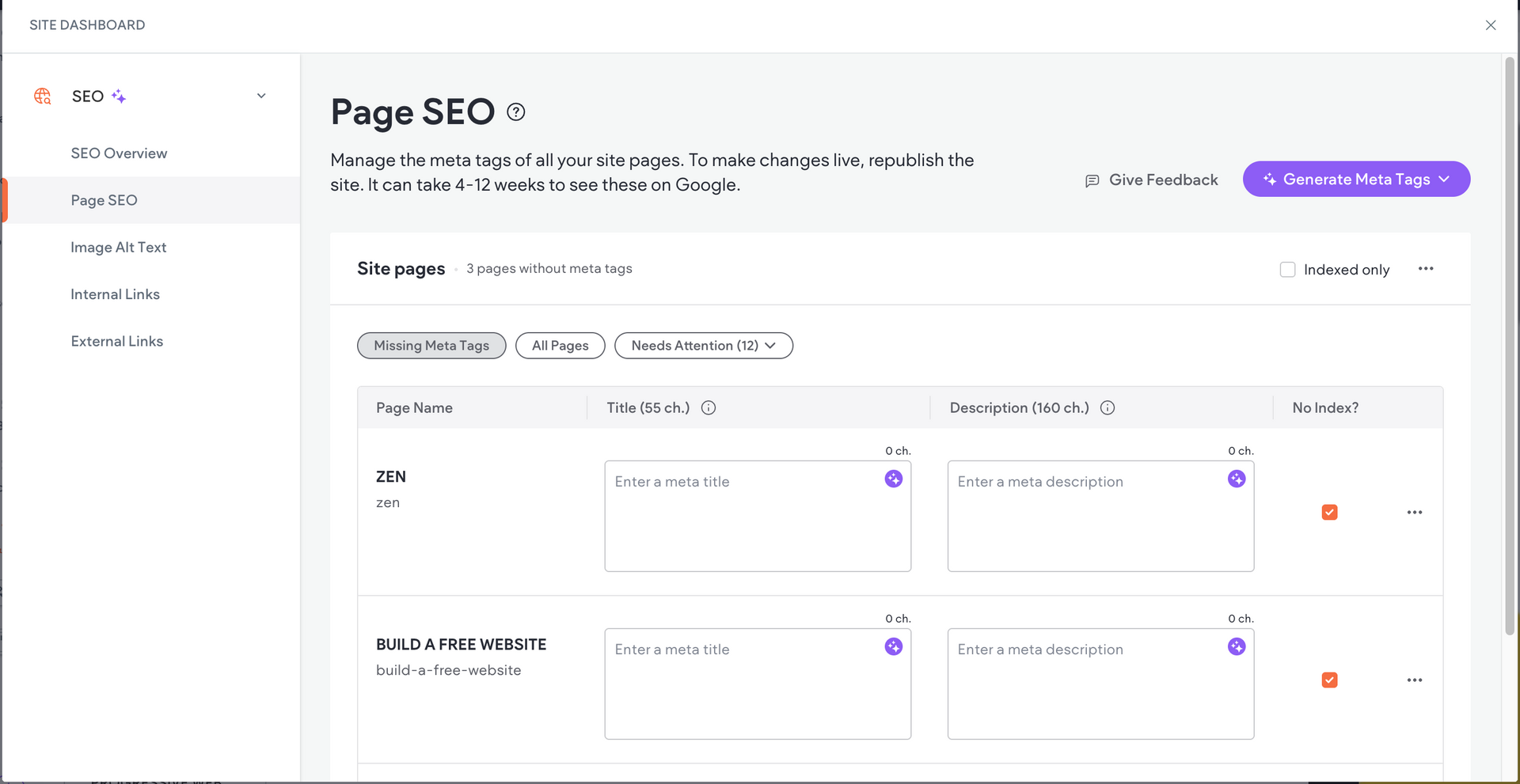 Screenshot of a website's page SEO section, featuring content and display settings options.