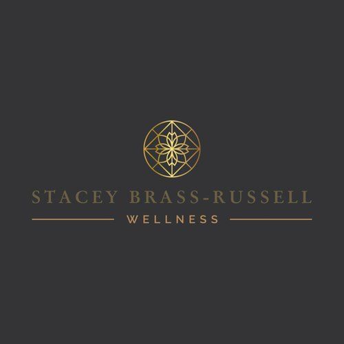 A logo for stacey brass-russell wellness with a gold flower in a circle on a black background.