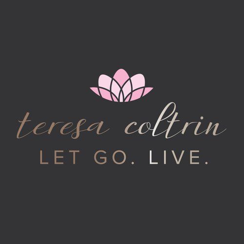 A logo for teresa coltrin with a pink flower on a black background